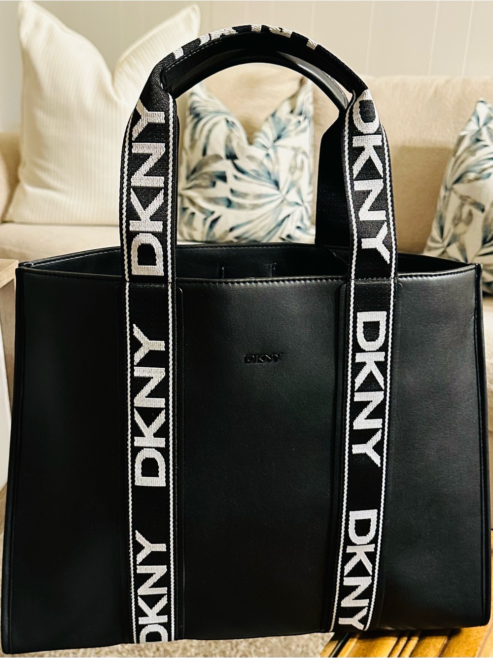 DKNY Black Large Leather Tote with Logo Straps